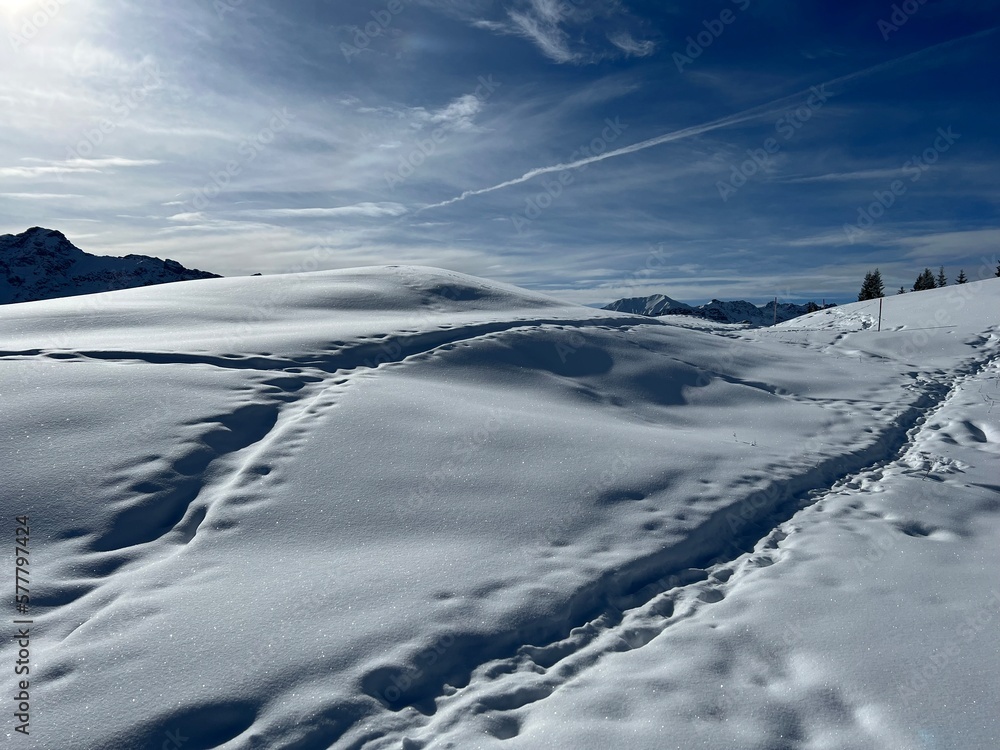 Wonderful winter hiking trails and traces in the fresh alpine snow cover of the Swiss Alps and over the tourist resort of Arosa - Canton of Grisons, Switzerland (Schweiz) Wonderful winter hiking trails and traces in the fresh alpine snow cover of the Swiss Alps and over the tourist resort of Arosa - Canton of Grisons, Switzerland (Schweiz)