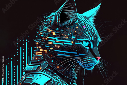 Neon cyber cat on black background, digital art, futuristic character, cyberpunk style. Robotic hacker, image is AI generated. Future technologies.