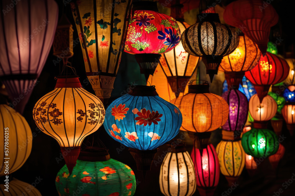 Paper lanterns on the streets of old Asian town. Generative AI.