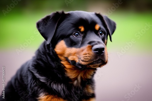 Rottweiler puppy posing with nature background  generative ai color grading. Cute Rottweiler Dog watching to camera