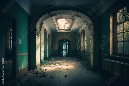 Long corridor of an abandoned madhouse. Generative AI