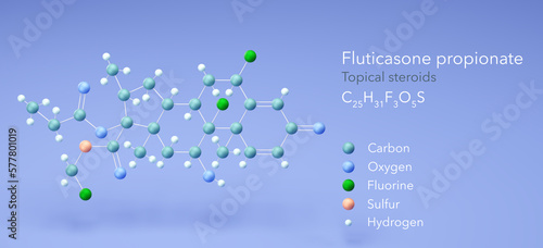 fluticasone propionate molecule, molecular structures, topical steroids, 3d model, Structural Chemical Formula and Atoms with Color Coding