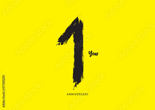 1 year anniversary celebration logotype on yellow background, 1 number design, 1st Birthday invitation, anniversary logo template, logo number design vector, calligraphy font, typography logo