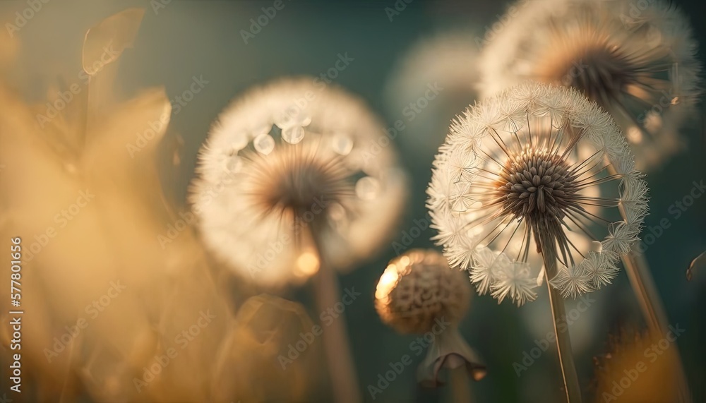 a group of dandelions blowing in the wind with a blurry back ground and a blue sky in the back ground and a blurry back ground. generative ai a group of dandelions blowing in the wind with a blurry back ground and a blue sky in the back ground and a blurry back ground. generative ai