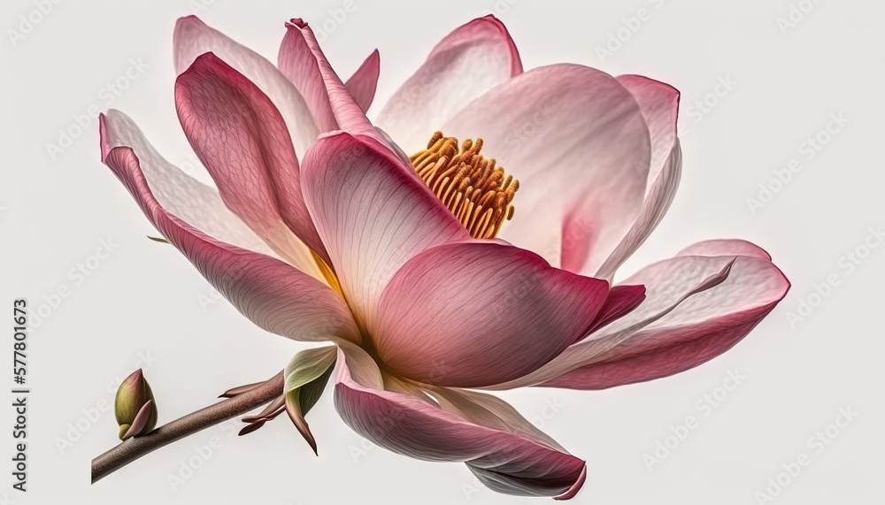  a pink flower with a yellow center on a white background with a green stem in the middle of the flower and a yellow center on the end of the flower.  generative ai