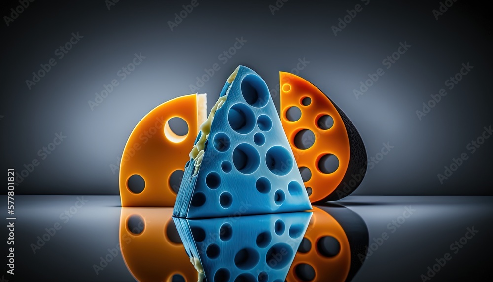 a blue and orange object sitting on top of a reflective surface next to ...