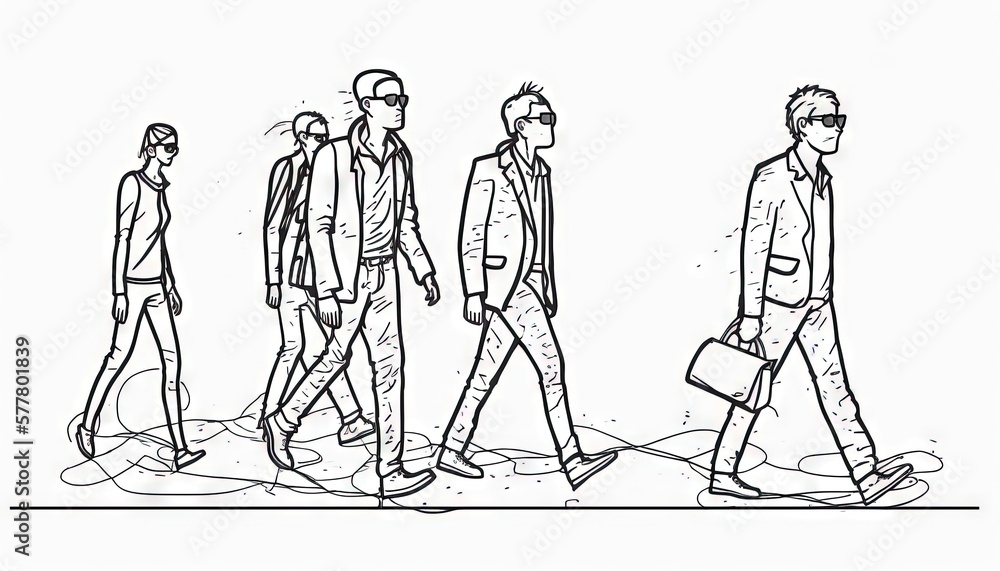  a line drawing of a man in a suit and tie walking down the street with another man in a suit and tie walking behind him.  generative ai