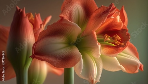  a close up of two flowers in a vase with a green stem and a red flower in the middle of the picture, with a light green stem in the background. generative ai