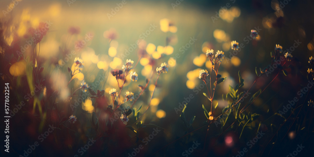 Blurred blooming spring meadow background (created with Generative AI)