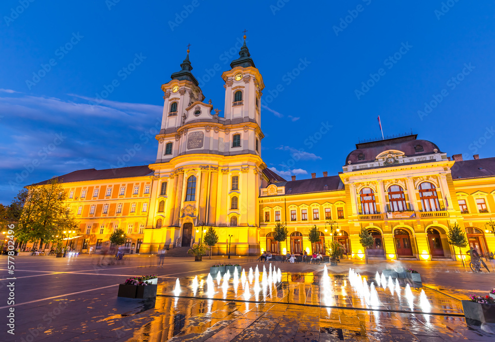 Historic Center in Eger at night , Hungary