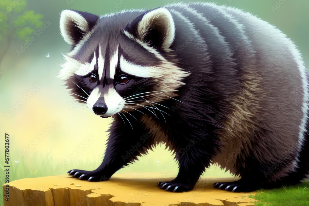 Obraz premium Colorful magic cute raccoon, cartoon style painting. Generative ai art illustration