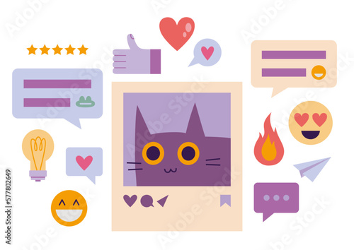 Photo frame with cute cat, post for social media. Comments, likes and reactions, Positive Feedback to content. Trendy modern vector illustration isolated on white background, hand drawn, flat