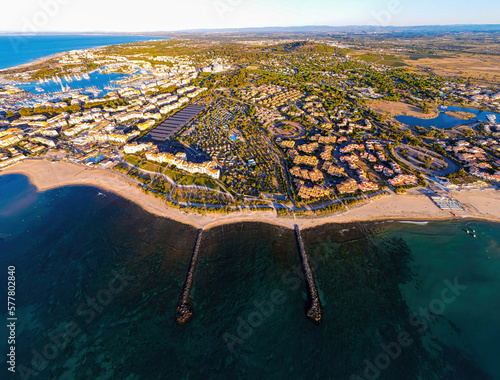 Aerial view of Cap d'Agde a seaside resort and naturist village on France's Mediterranean coast, Europe