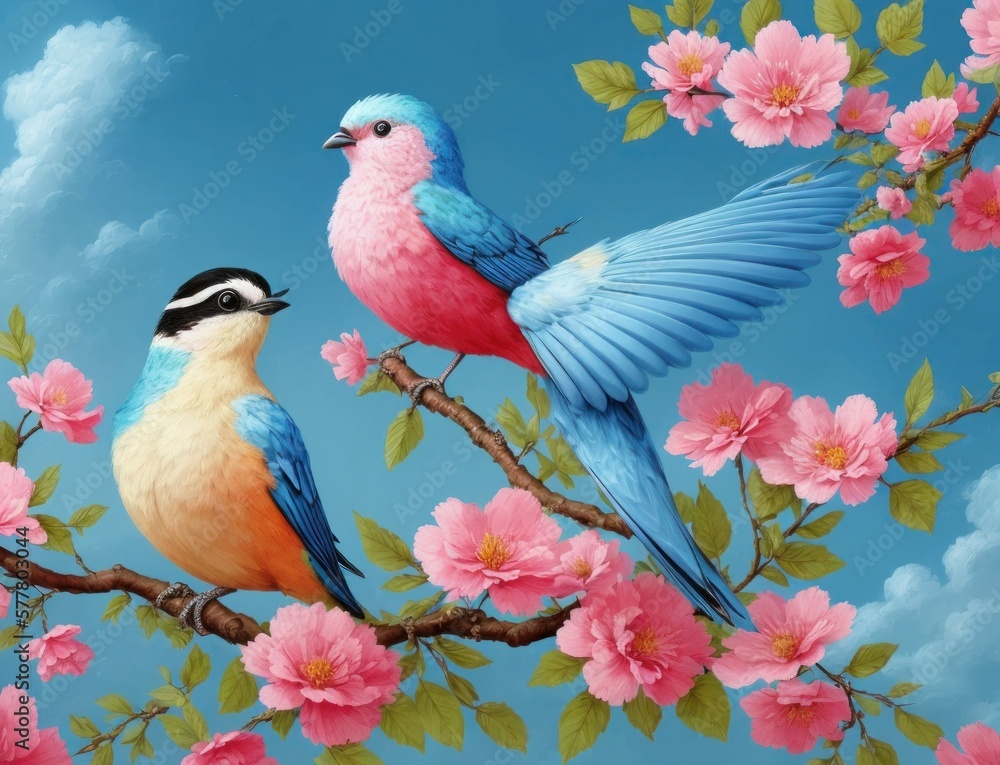 Colorful bird on top of beautiful flowers. AI generated, human enhanced. Background