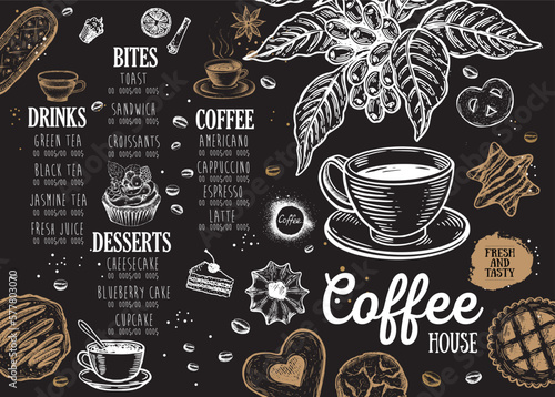 Coffee house menu. Restaurant cafe menu, template design. Food flyer.	
