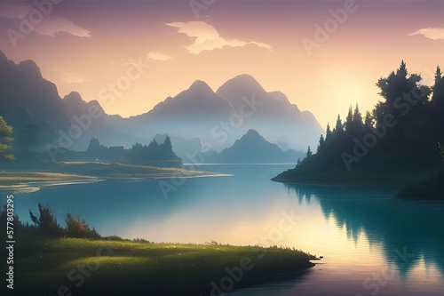 Colorful landscape with river illustration