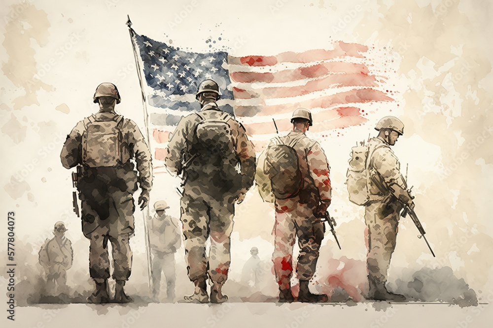 a group of soldiers standing in front of an american flag, us soldiers, military art, Memorial day , art illustration  - obrazy, fototapety, plakaty 