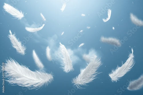 White feathers floating in the air. AI generated, human enhanced. photo