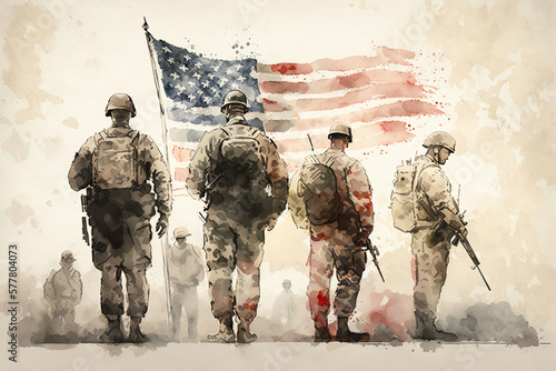 a group of soldiers standing in front of an american flag, us soldiers, military art, Memorial day , art illustration 
