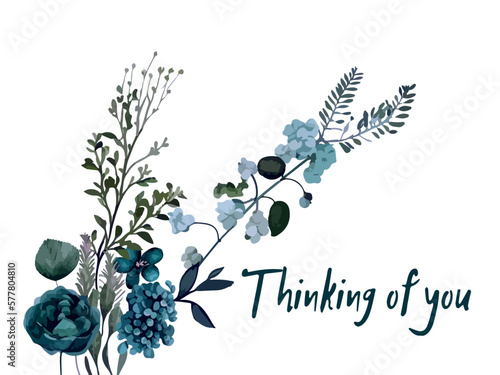 Thinking of you - card  in a watercolor style. Vector stock illustration eps10.