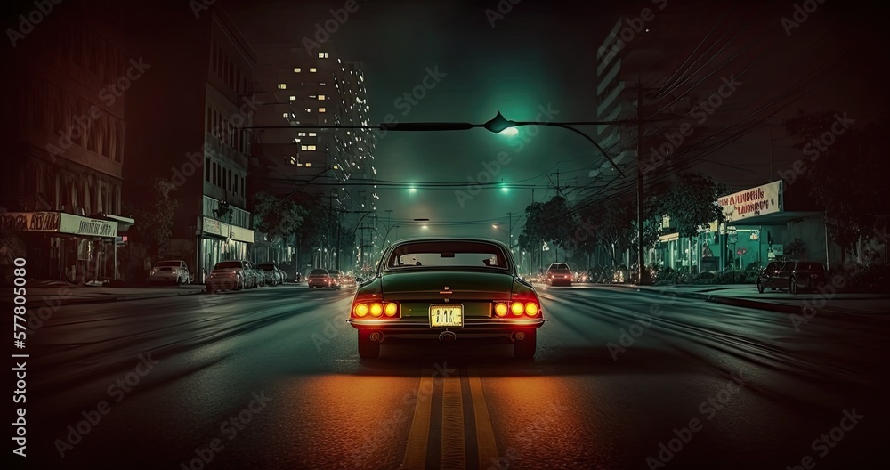 Car Chase Scene on Dark Night City Street. Generative AI.