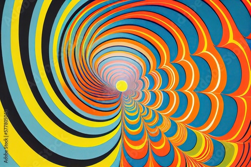 1960s psychedelic art, Hippie trippy retro background, bright rainbow colors and groovy rainbow starburst sunburst swirl pattern in pop art style - generative ai