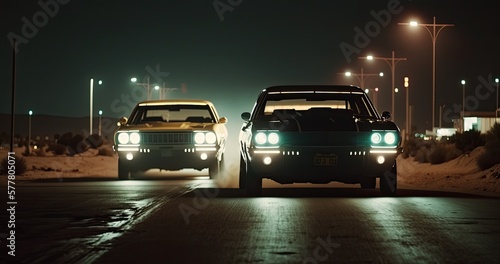 Car Chase Scene on Dark Night City Street. Generative AI. © Henry Letham