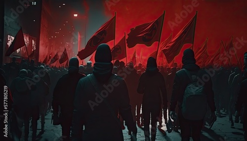 Dystopian Scene With Protesters Marching on The Street, Red and Black Color Revolution. Generative AI. photo