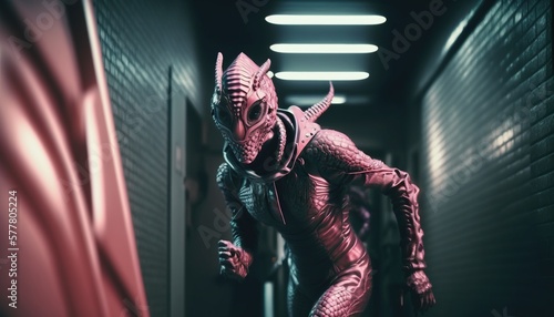 Pink Snake Skin Catsuit Humanoid Predator Alien in Action Scene on Spaceship. Generative AI.