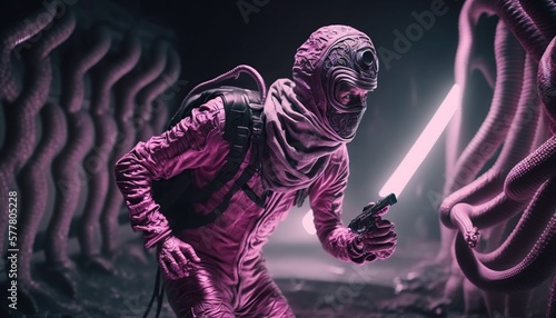 Pink Snake Skin Catsuit Humanoid Predator Alien in Action Scene on Spaceship. Generative AI.