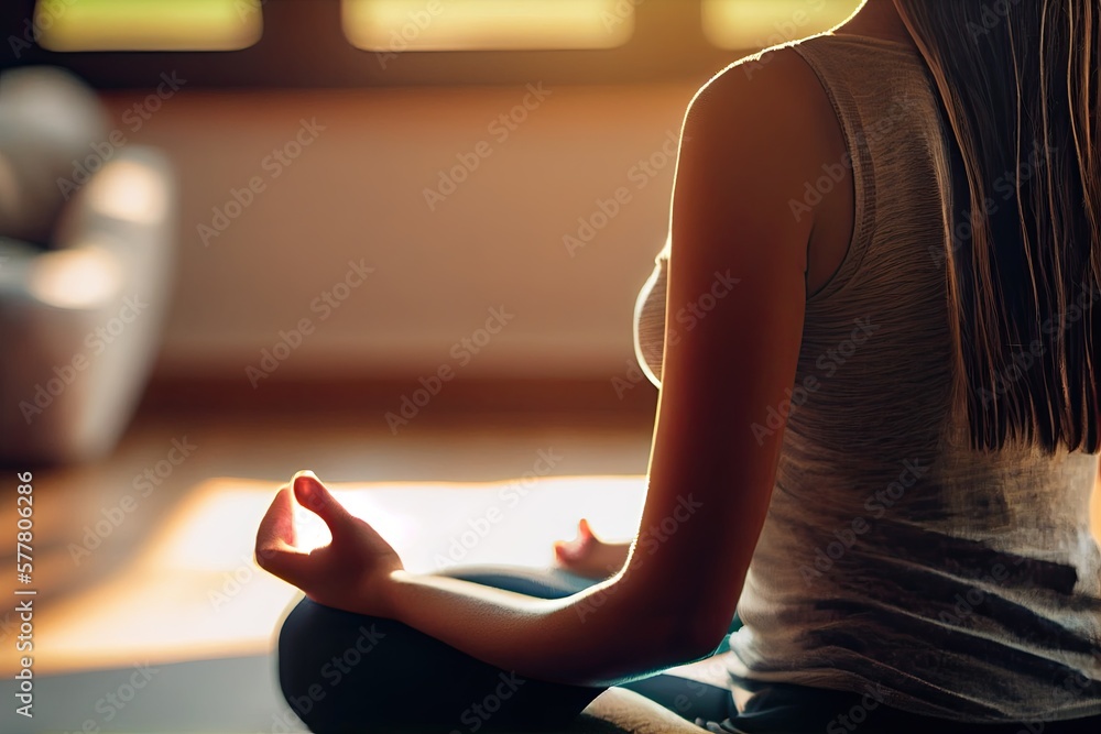 Close-up of woman meditating and practicing yoga at home - generative ai Close-up of woman meditating and practicing yoga at home - generative ai