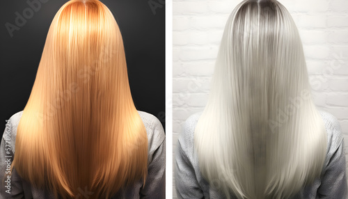 Before and after health treatment care keratin. Salon hairstyle, Color hair. Generation AI