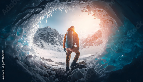 Tourist hiker in frozen cave, winter mountains at sunset with backpacks. Concept adventure with copy space banner. Generation AI