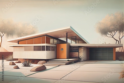 Iconic mid-century modern architecture, cozy and beautiful family house and driveway - generative ai