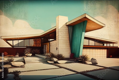 Iconic mid-century modern architecture, cozy and beautiful family house and driveway - generative ai