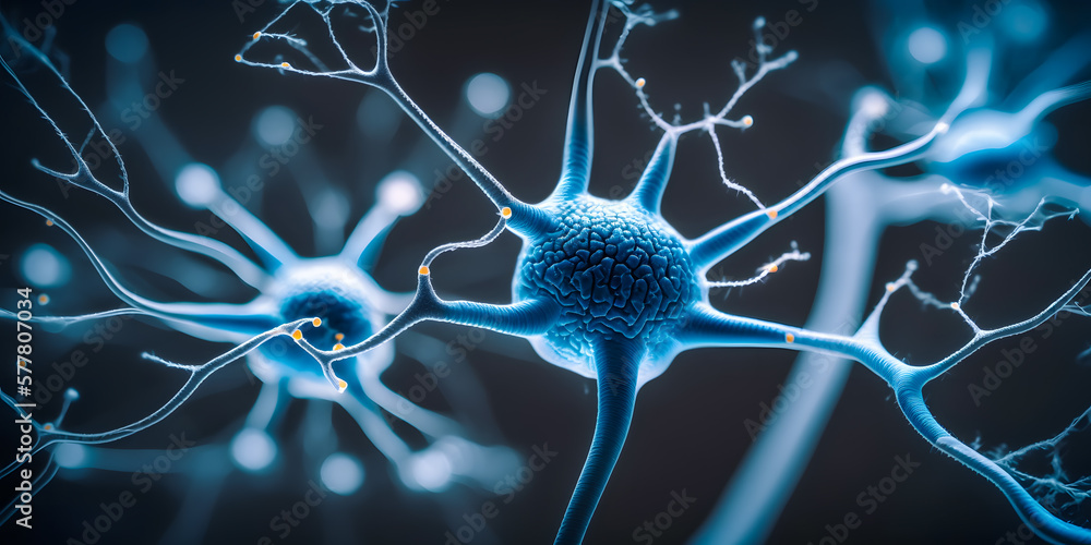 System neuron of brain with synapses, Nerve cell blue color banner ...
