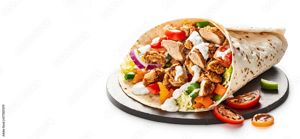 Shawarma or Doner with chicken roll on isolated white background. Turkish Fast Food . Generation AI. Shawarma or Doner with chicken roll on isolated white background. Turkish Fast Food . Generation AI.