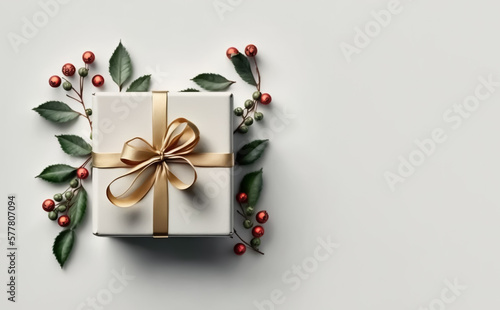 Stylish Christmas Present  box shaped  white wrapping and decorations. Isolated on white with Copy space. Illustrative Generative AI.