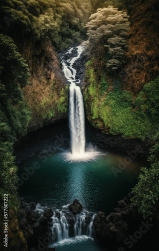 Hawaiian water fall, majestic lake -illustration 