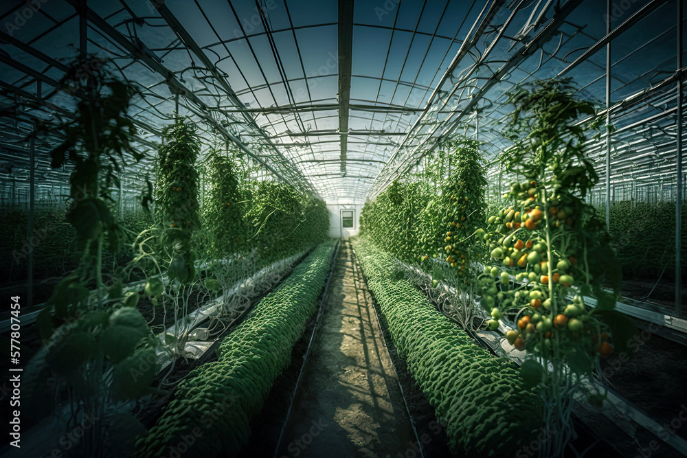 Generative AI Illustration of a glass greenhouse with several varieties of vegetables Generative AI Illustration of a glass greenhouse with several varieties of vegetables