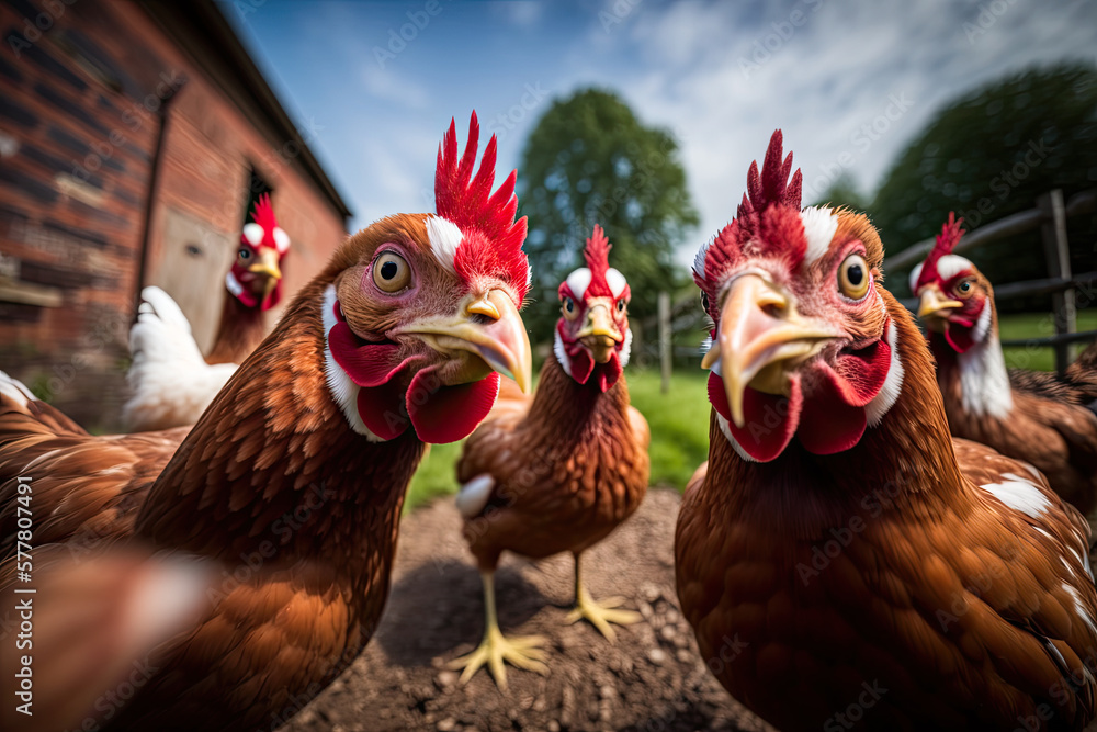 Generative AI Illustration of a group of chickens outside a farm in the sun