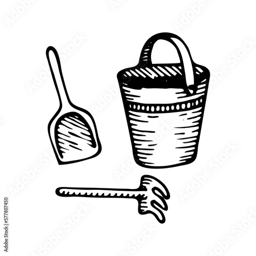 Set children sand toys doodle. Bucket scoop rake for beach summer games. Hand drawn vector sketch illustration.