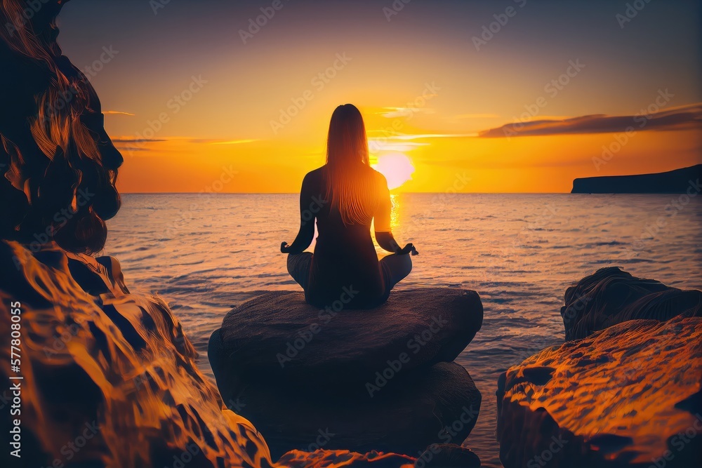 Silhouette of a young woman practicing yoga on the beach at sunset - generative ai