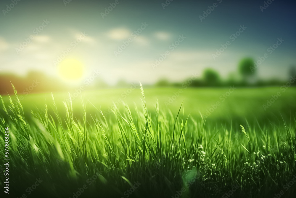 Fresh spring green grass. Beautiful blurred spring background nature. Fresh spring sunny garden background of green grass and blurred natural landscape. generative ai
