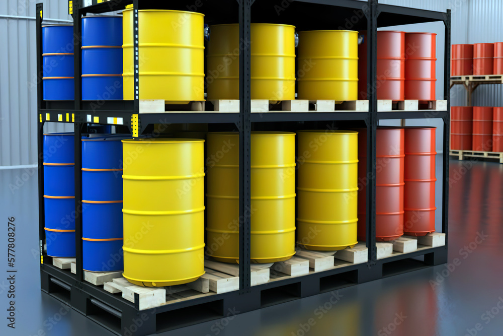Storage of dangerous goods in logistics warehouses. Dangerous chemicals stored in barrels and