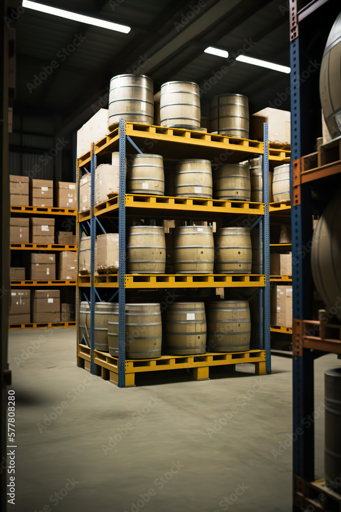 Storage of dangerous goods in logistics warehouses. Dangerous chemicals stored in barrels and