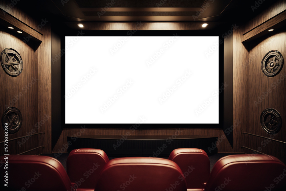Cinema with white blank screen. Cinema hall with auditorium. Template for Design. AI generated. Mock up, Ad concept. Cinema with white blank screen. Cinema hall with auditorium. Template for Design. AI generated. Mock up, Ad concept.