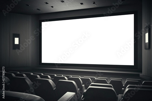 Cinema with white blank screen. Cinema hall with auditorium. Template for Design. AI generated. Mock up  Ad concept.
