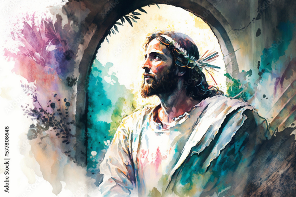 Jesus Christ at Easter Sunday in Watercolor Painting