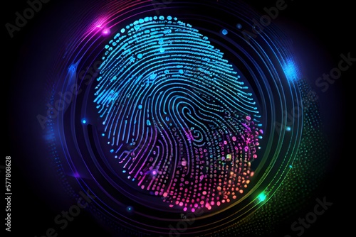 Neon-style fingerprint scanner, biometric data sensor, fingerprint icon, neon fingerprint on a black background